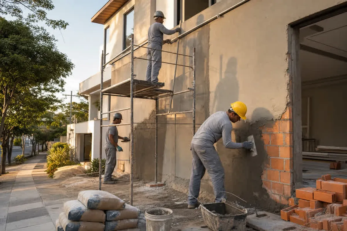 Equipe de construção reformando uma casa em Rio Vermelho, com andaime, tijolos e ferramentas